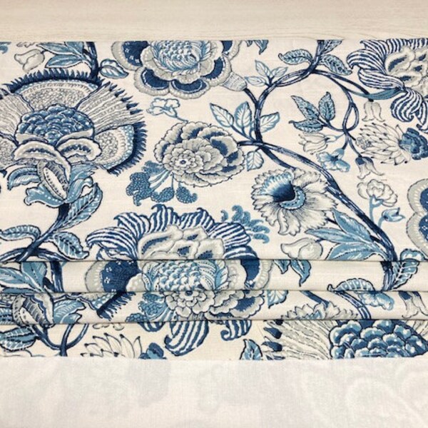 Pretty Jacobean Floral - Blue Light Grey White - Faux Roman Shade Valance Window Treatment Bedroom Dining Living Bathroom