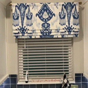 Pretty Ikat!   Blue White Faux Roman Shade Window Treatment Bedroom Bathroom Dining Kitchen Office