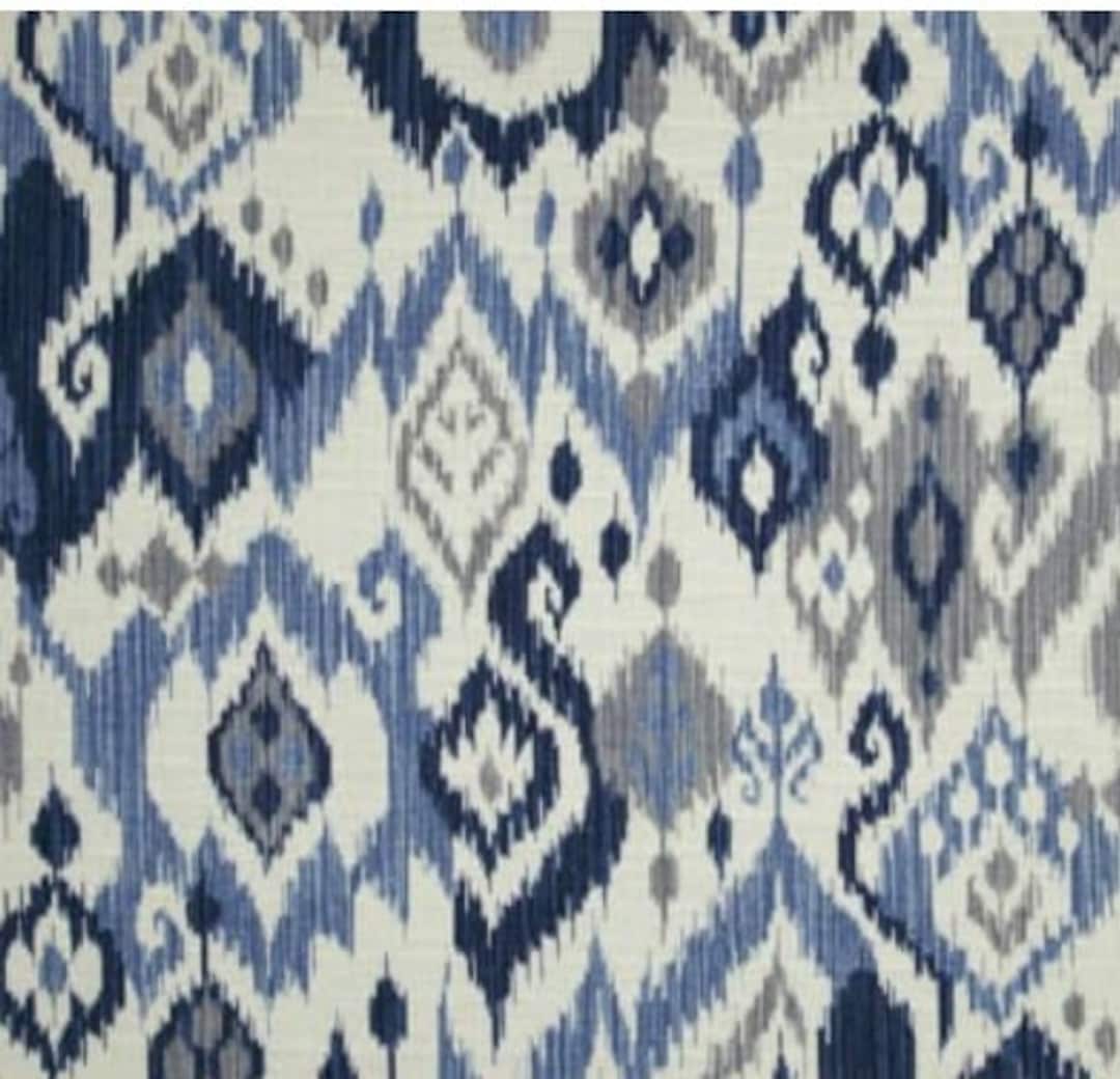 Pretty Ikat Navy Blue Grey off White Faux Roman Shade Window Treatment
