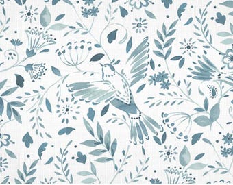 May include: A white fabric featuring a repeating pattern of blue watercolor-style illustrations. The design includes various birds in flight and perched positions, interspersed with detailed floral elements, leaves, and delicate stems.