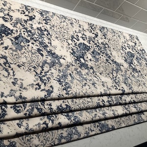 Faded Damask Navy Blue Light Stone Ecru - Faux Roman Shade Window Treatment -  Bedroom Kitchen