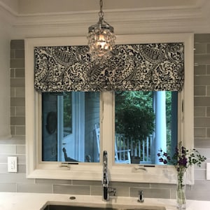 Pretty Paisley - Navy Blue Charcoal Blue-grey White - Faux Roman Shade Valance Window Treatment  Kitchen Living Office