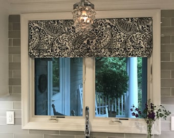 Pretty Paisley - Navy Blue Charcoal Blue-grey White - Faux Roman Shade Valance Window Treatment  Kitchen Living Office