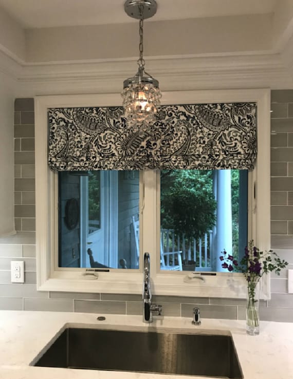 Navy Blue Charcoal Grey White Paisley Faux Roman Shade Valance Window Treatment Bedroom Bathroom Kitchen Office Coordinating Trellis