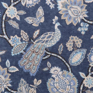 Pheasant Bird Floral - Blue Navy Ecru White - Faux Roman Shade Window Treatment Bedroom Bathroom Kitchen Dining Office