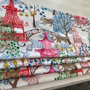 Pagoda Leopard Chinoiserie - Pink Coral Green Blue Brown Grey White - Faux Roman Shade Window Treatment Bedroom Kitchen Dining Office Bath
