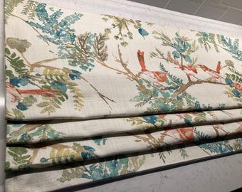 SALE:  Rustic Bird Leaves Branch - Coral-red Sage Green Blue Grey Brown Ivory - Faux Roman Shade Window Treatment  Farmhouse Lake House