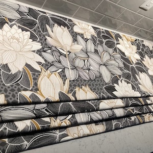 Pretty Lotus Floral!  Black Grey Gold White - Faux Roman Shade Window Treatment Living Kitchen Dining Bedroom Office