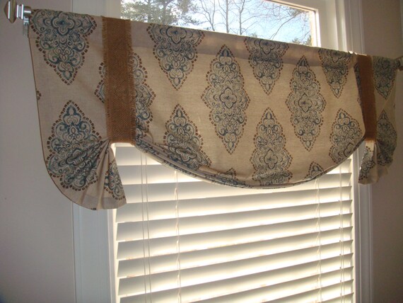 Rustic Farmhouse Blue Brown Oatmeal Damask Burlap Tie Valance Window Treatment Living Room Bedroom Casual