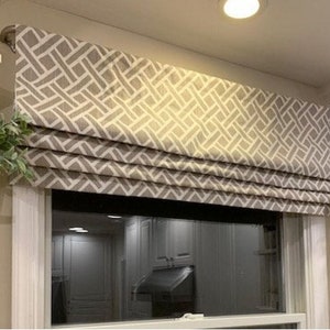 Grey White Trellis - Faux Roman Shade Window Treatment Bedroom Living Kitchen Dining Office