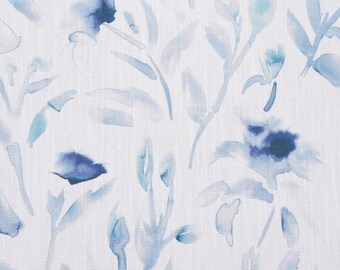 May include: Watercolor floral pattern in shades of blue and white. The design features abstract flowers and leaves, with varying shades of blue creating depth and dimension. The pattern is suitable for fabric or wallpaper.