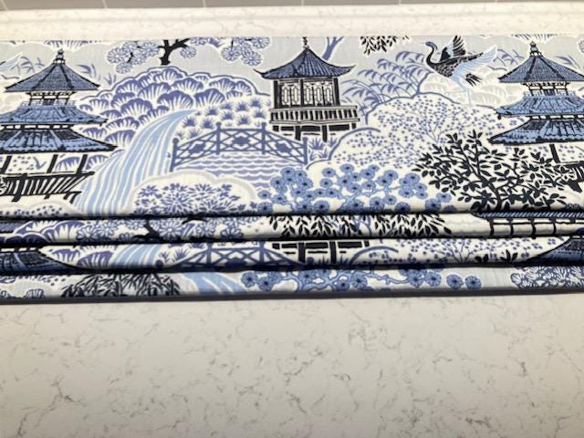 Pretty Pagoda Chinoiserie - Cornflower Blue Black White - Faux Roman Shade Window - Kitchen Living Dining Bath Bedroom Office