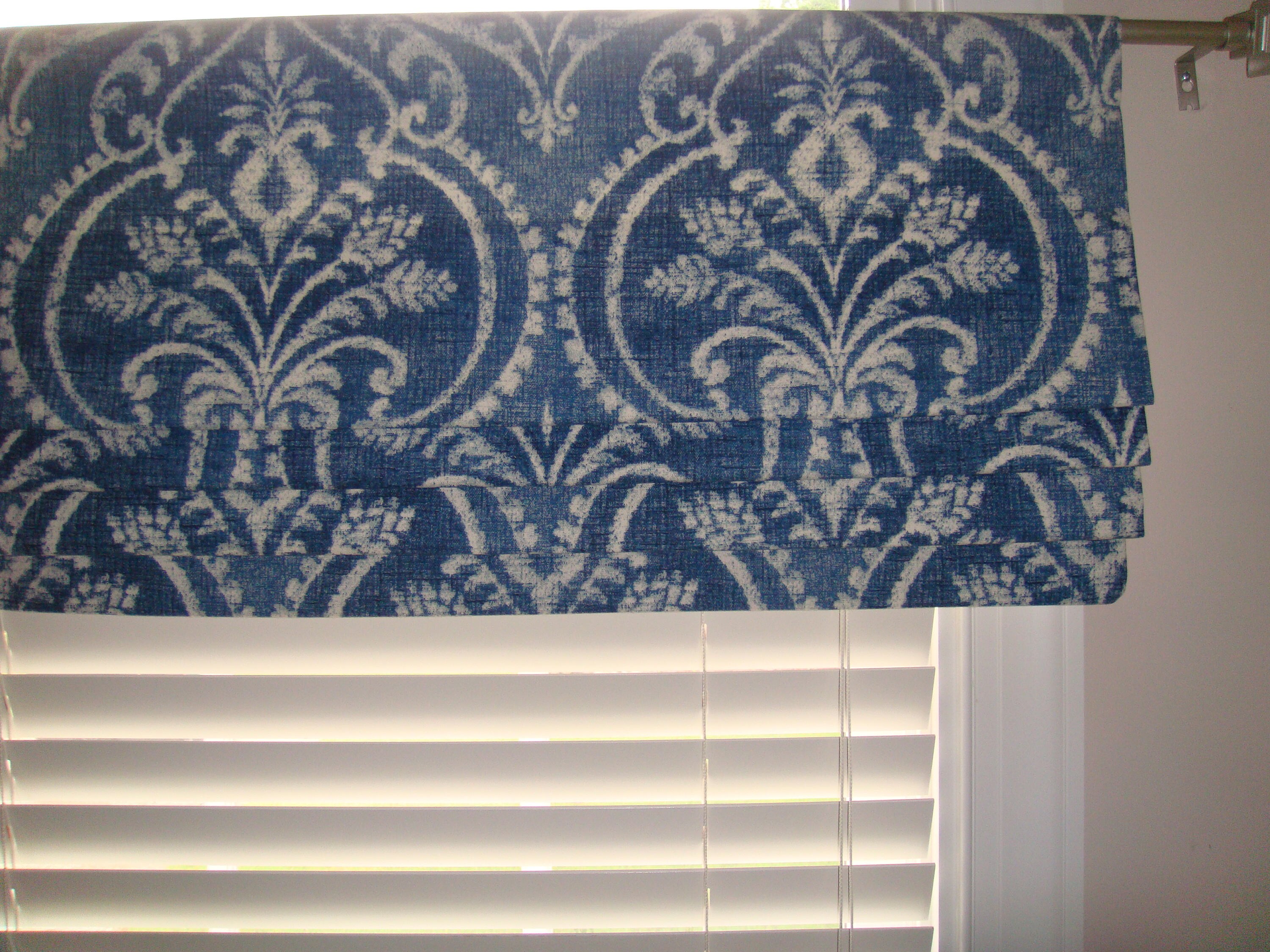 Blue White Damask Faux Roman Shade Window Treatment Bedroom Etsy