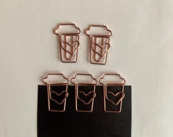 Coffee cup shaped paperclips, set of 5, novelty paperclip, rose gold, bookmark, stocking filler, school/home/office/study/scrapbooking