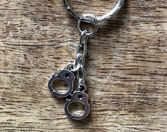 Handcuff keyring, Handcuff charm keyring, handcuff keychain, handcuff bag accessory, handcuff bag charm, pair of handcuffs, silver handcuffs