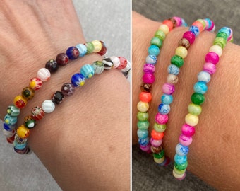 Multicoloured beaded bracelet, elasticated bracelet, millefiori bead bracelet, delicate jewellery, small bead bracelet, stretchy bracelet.