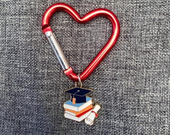 Graduation zip charm, bag charm, handbag decoration, heart shaped clip, Graduate gift, degree, diploma, mortar board, leaving university