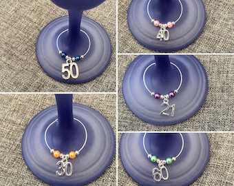 18/21/25/30/40/50/60/70 Wine Glass Charms, 18th, 21st, 25th, 30th, 40th, 50th, 60th, 70th silver number charm, party decor, glass identifier