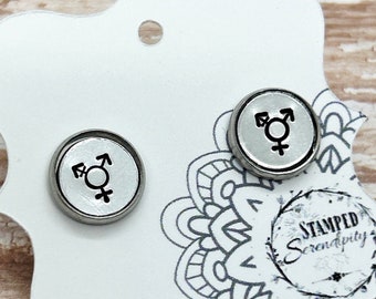 Transgender Symbol Hand Stamped Silver Earrings, Dainty Studs, Hypoallergenic Stainless Steel Post, Small Everyday Stud Earrings, LGBTQIA+