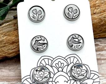 Set of 3 Spring Tulip Daffodil Hummingbird Hand Stamped Silver Earrings, Dainty Studs, Gift for Her,Stainless Steel Post,Small Everyday Stud