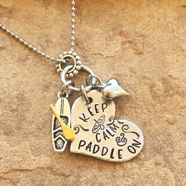 Keep Calm and Paddle On, Kayak Necklace, Canoe Necklace, Kayaker Gift, Paddler Jewelry, Kayak Lovers Gift, Best Friend Gift, Silver Heart