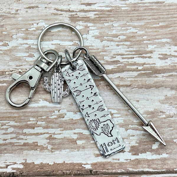 Texas Home Arrows Keychain, State Keychain, Silver Cactus Key Chain, State of Texas Gift for Her, Texas Native, Texas Jewelry, Saguaro
