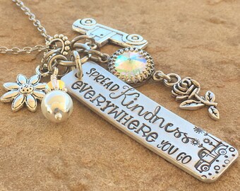 Spread Kindness Everywhere You Go, Silver Bar Necklace, Flower Necklace, Pickup Truck Necklace, Gift for Her, Best Friend Gift, Gift for Mom