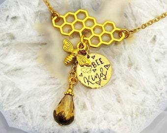 Bee Kind Gold Bee Honeycomb Necklace, Honey Drop Necklace, Honeybee Necklace, Bee Kind Jewelry, Gold Bee Necklace, Gift for Mom, Wife Gift