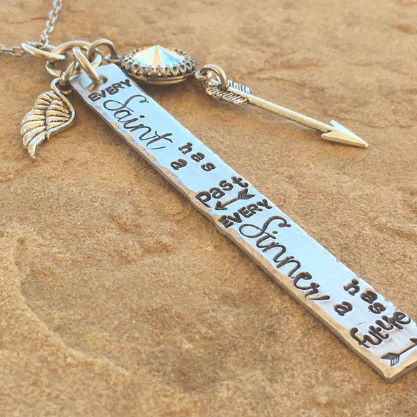 Saint and Sinner Long Layering Necklace, Long Silver Bar Necklace, Statement Necklace, Arrow Necklace, Angel Wing Necklace, Hand Stamped Bar