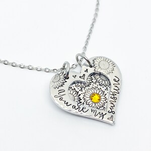 You are my Sunshine Sunflower Heart Locket Necklace, Gifts Under 30, Anniversary Gift, Silver Heart Necklace, Anniversary Gift for Her