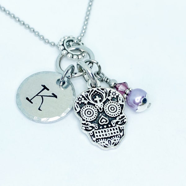 Sugar Skull Custom Charm Necklace, Dia de los Muertos, Personalized Initial Necklace, Gift for Her Under 20, Birthstone Necklace