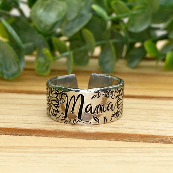 Mama Custom Hand Stamped Adjustable Ring, Silver Aluminum Ring, New Mom Gift, Mother's Day Gift, Gift for Wife, Mommy Jewelry, Gift for Her