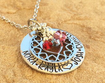 Birthstone Family Necklace, Kids Names Necklace, Silver Heart Birthstone Necklace, Personalized Mom Necklace, Anniversary Gift for Wife