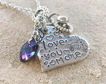 Love you More Heart Necklace, Crystal Heart Necklace, Little Girls Jewelry, Gift for Her, Flower Necklace, Best Friend Gift, Easter Gift