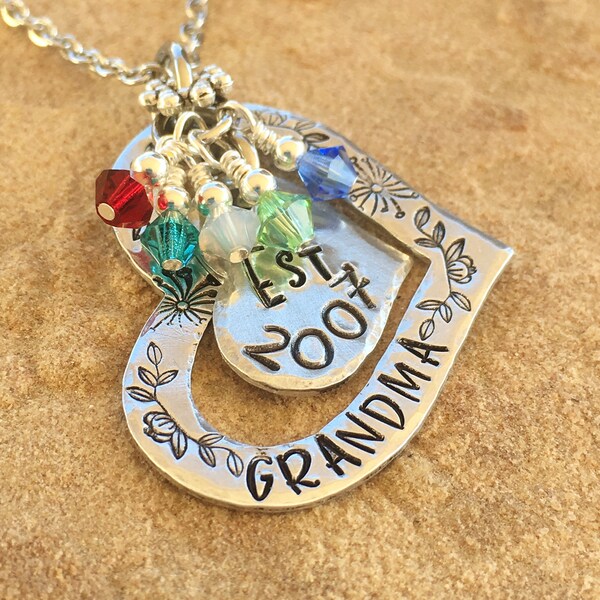 Grandma's Garden Necklace, Gift for Grandma, Kids Birthstone Necklace, Silver Heart Birthstone Necklace, Personalized Grandkids Necklace