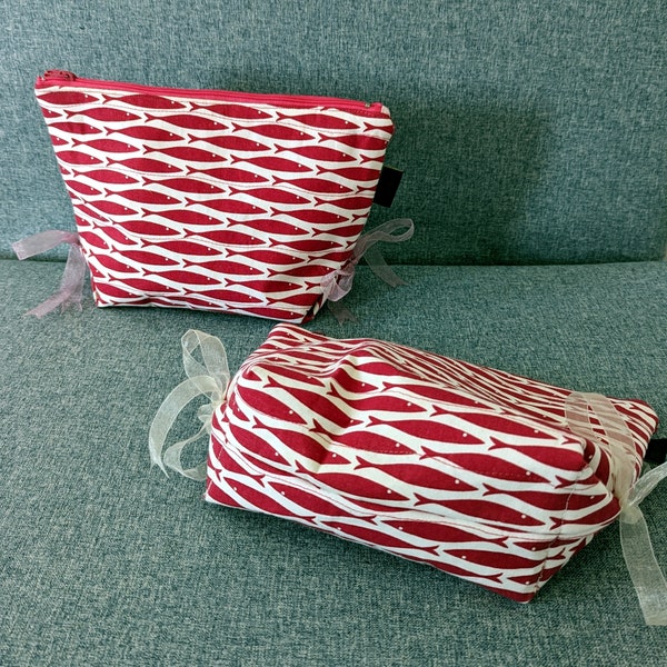 cosmetics pouch, toiletries bag, travel, fish print, set of two, gifting, zipper, handmade, organiser, storage