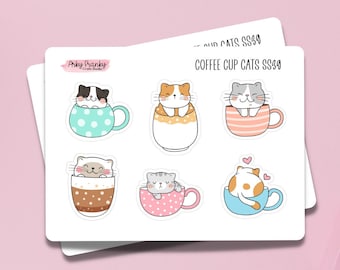 Coffee Cup Cats Sticker Sheet for Planner, Decorative Stickers for Cardmaking and Scrapbooking, Journaling Stickers for Cat lovers Pet Owner