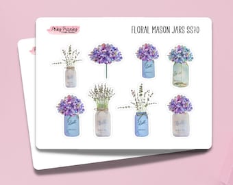 Floral Mason Jars Sticker Sheet for Planners, Decorative Stickers for Cardmaking and Scrapbooking, Journaling Stickers for Flower Sun Season