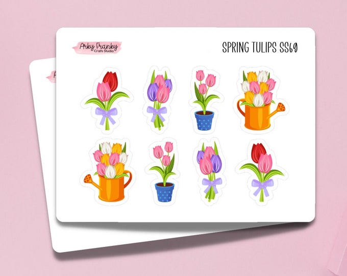Spring Tulips Sticker Sheet for Planners, Decorative Stickers for Cardmaking and Scrapbooking, Journaling Stickers for Flower Sun Season