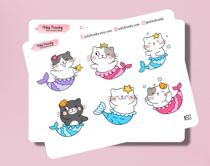 Cute Mermaid Cats Sticker Sheet for Planner, Decorative Stickers for Cardmaking and Scrapbooking, Journaling Stickers Cute Summer Spread