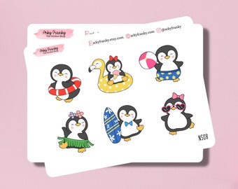 Summer Penguin Sticker Sheet for Planner, Decorative Stickers for Cardmaking and Scrapbooking, Journaling Stickers for Cute Summer Spread