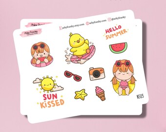 Hello Summer Sticker Sheet for Planner, Decorative Stickers for Cardmaking and Scrapbooking, Journaling Stickers for Hot Summer Season