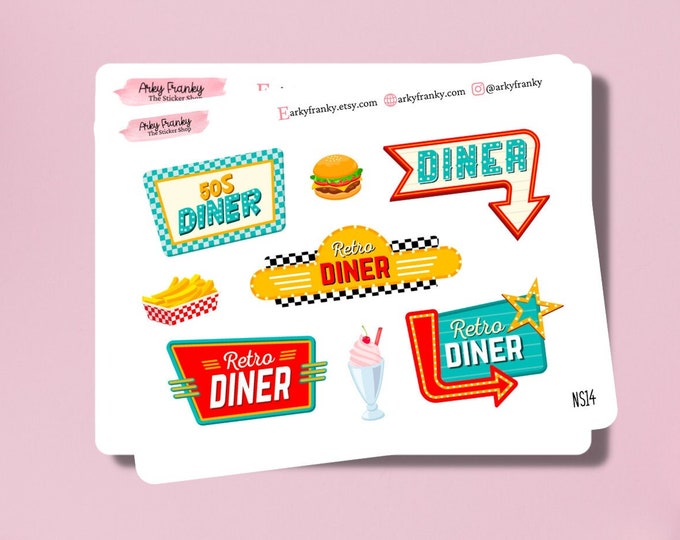 Retro Diner Sticker Sheet for Planner, Decorative Stickers for Cardmaking and Scrapbooking, Journaling Stickers Cute Retro Spread