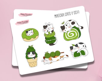 Matcha Cats #2 Sticker Sheet for Planner, Decorative Stickers for Cardmaking and Scrapbooking, Journaling Stickers for Green Matcha Lovers