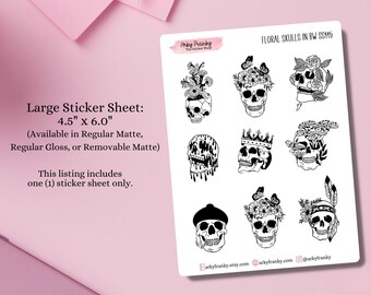 Skulls in Black & White Sticker Sheet for Planners, Decorative Stickers for Cardmaking and Scrapbooking, Journaling Stickers for Halloween