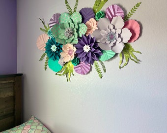 10 Piece Mermaid Paper Flower Set *** Color Customizable*** Nursery Decor/ Home Decor/ Wall Decor/ Purple Paper Flowers / Under the Sea