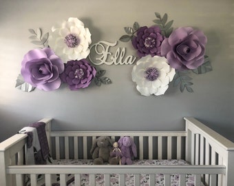 Large 6 Piece Paper Flower Set *** Color Customizable*** Nursery Decor/ Home Decor/ Wall Decor/ Purple Paper Flowers / Paper Roses