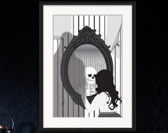 Haunted Mirror Halloween Skeleton Memento Mori Wall Art Print, Spooky Season Gothic Home Décor