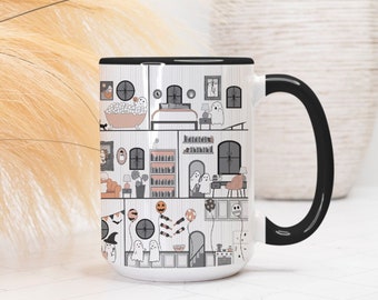 Creepy Cute Ghostie Coffee Mug with Miniature Ghost Art, Mini Ghosties Haunted Halloween House Mug with Dog, Pastel Goth Spooky Season Cup