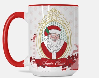 Santa Claus Portrait Coffee Mug with Tiny Red Christmas Village Scene Illustration with Tiny Houses and People, Holiday Décor Gift Ideas